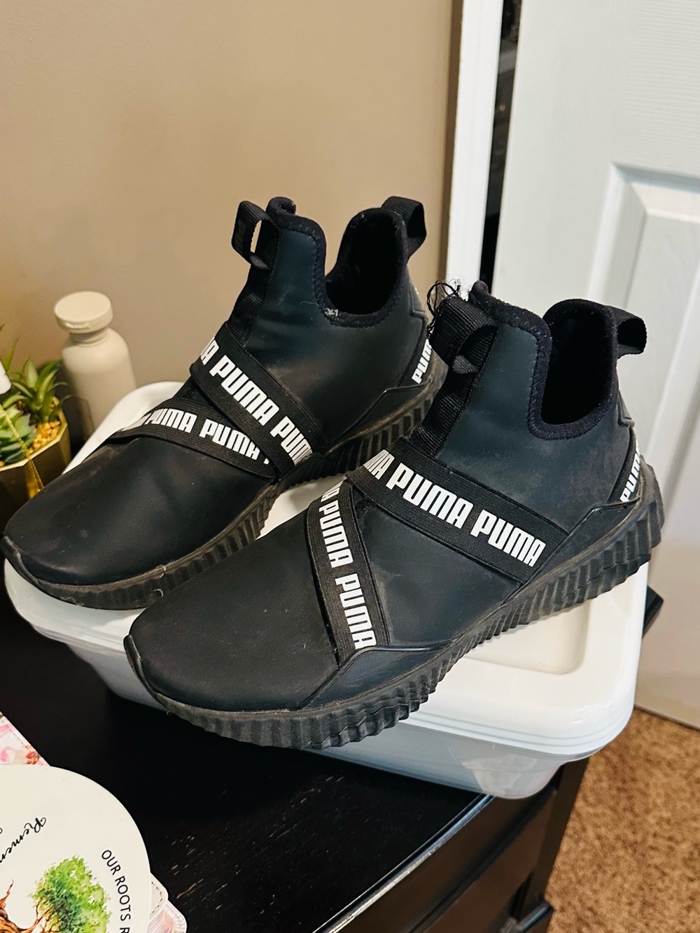 Puma Black Athletic Slip-On Sneakers with White Logo Straps